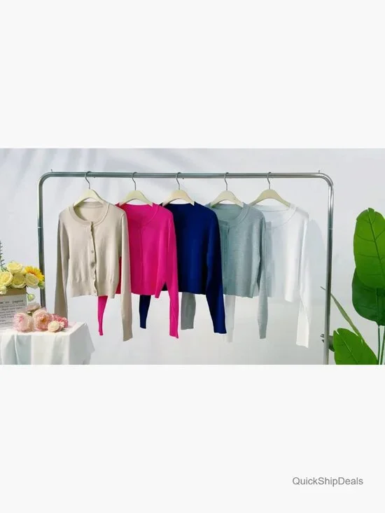 Cropped Cardigan Bolero Shrug, Button Down Long Sleeve Knit Sweater - Picture 7 of 7